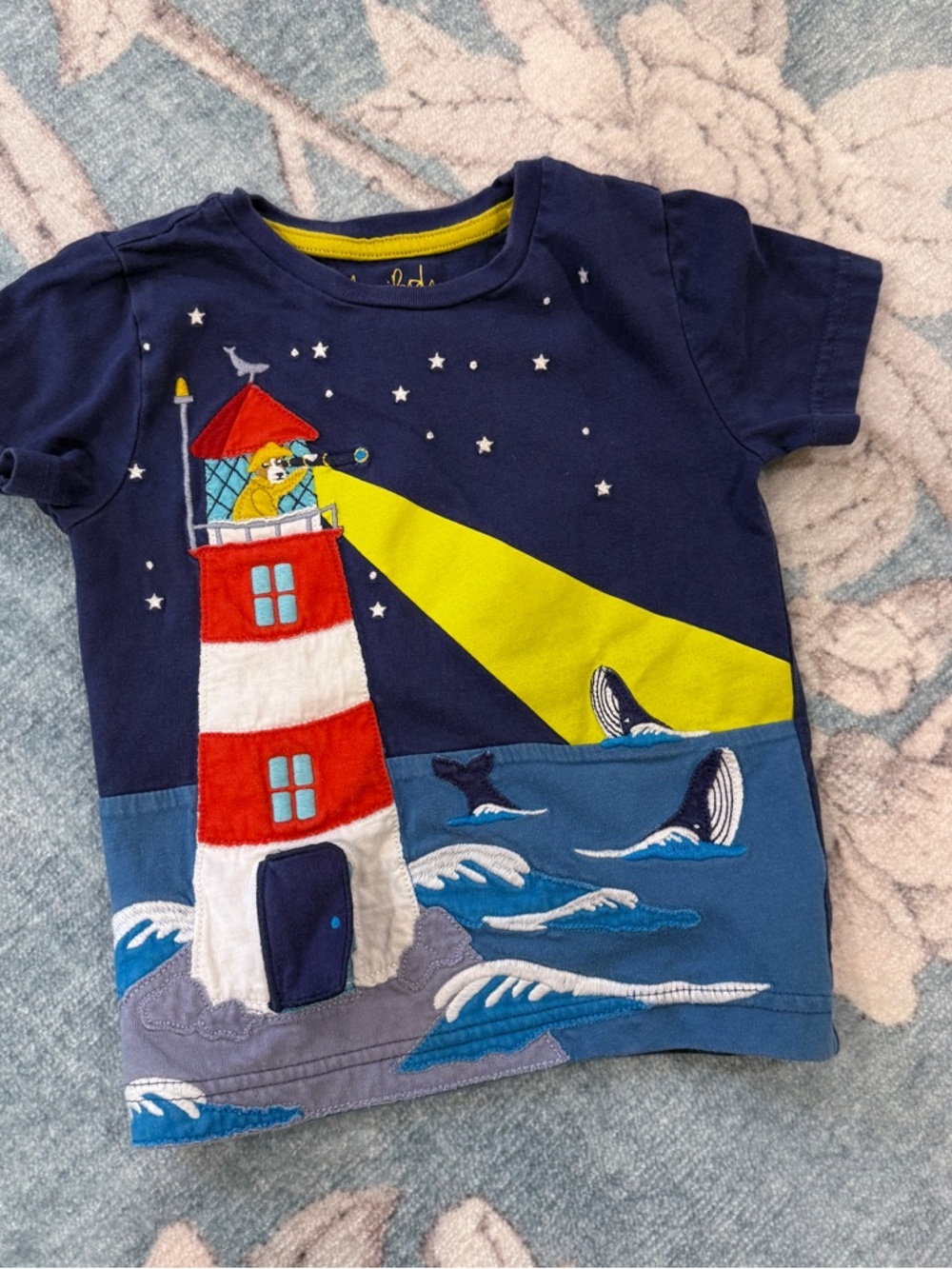 Mini Boden Navy Tee with Red & Yellow Lighthouse Appliqué